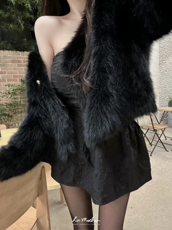雙排釦無領毛毛外套
